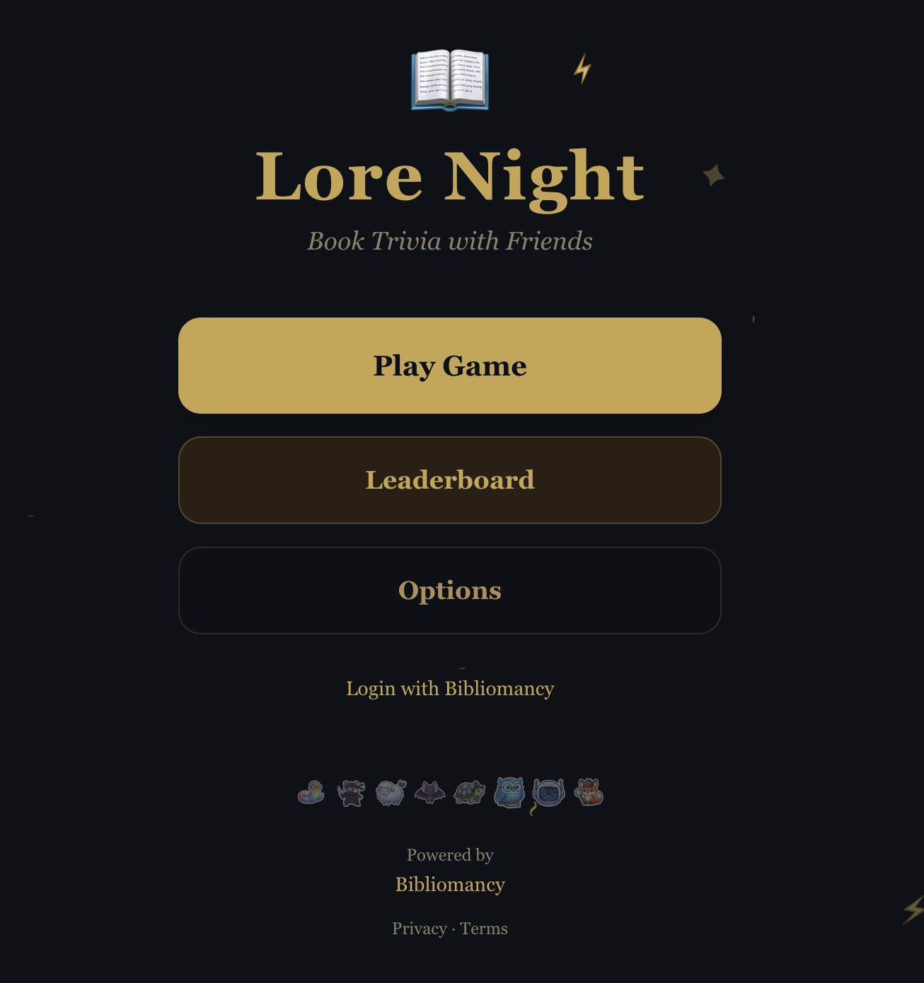 Lore Night app screenshot showing the book trivia game interface